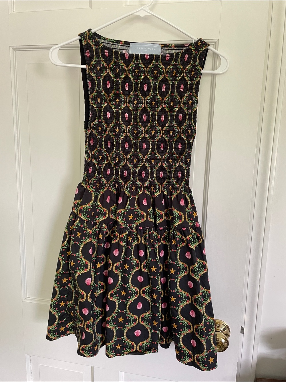 Hill House Black Dress with Pink and Green Floral and Shell Medallions
